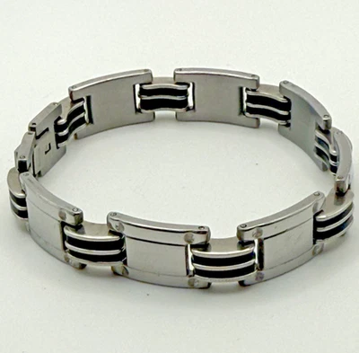 "Pulsera de acero inoxidable Steeltime para hombre con incrustación de goma negra 8,25""" Foto 1 de 4