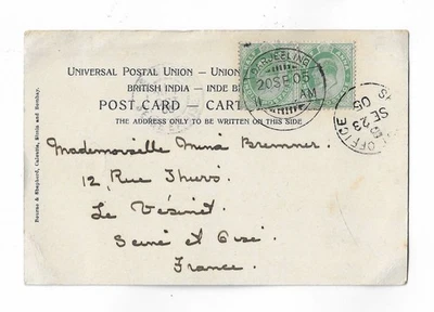 India 1905 par de 1/2a franqueo Darjeeling tarjeta vista a Francia Foto 1 de 2