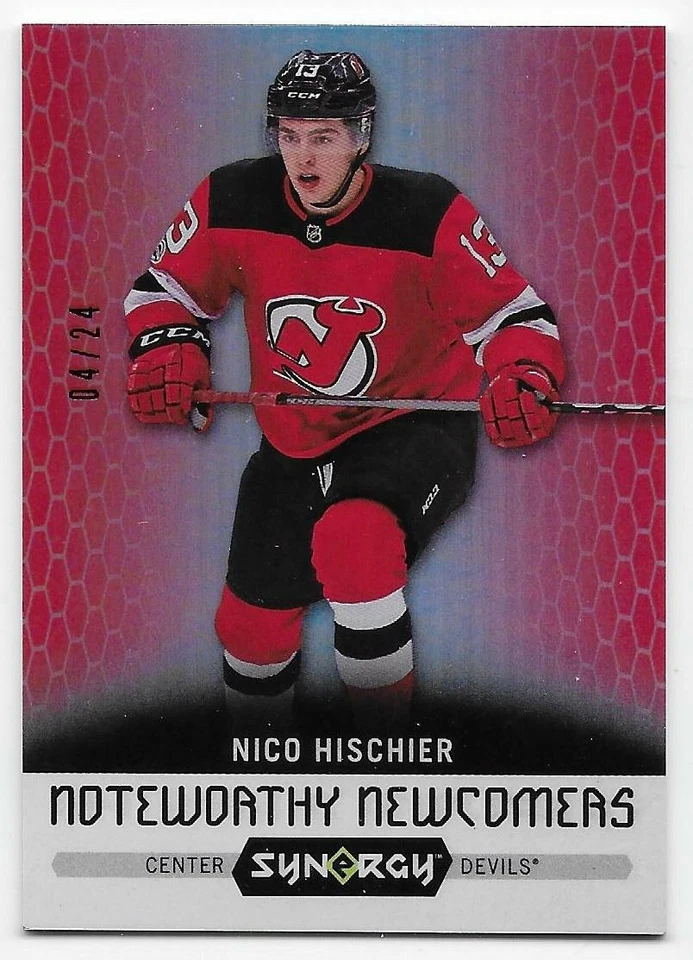17/18 UPPER DECK SYNERGY NOTEWORTHY NEWCOMERS RED #NN1 Nico Hischier #4/24 - Image 1 of 1