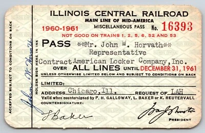 Illinois Central Railroad 1960-61 Yearly Train Pass #16393 - Image 1 of 2