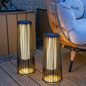 Black Rattan Outdoor Solar Powered Floor Lamp Lantern Light Garden Patio Path - Picture 1 of 13