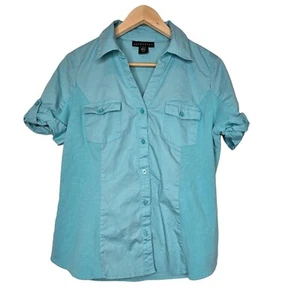 Attention Women's Button Up Shirt Short Sleeve Two Front Pocket Blue Size L - Picture 1 of 13
