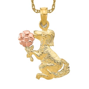 14K Solid Two Tone Gold Dog Flower Necklace - Picture 1 of 12