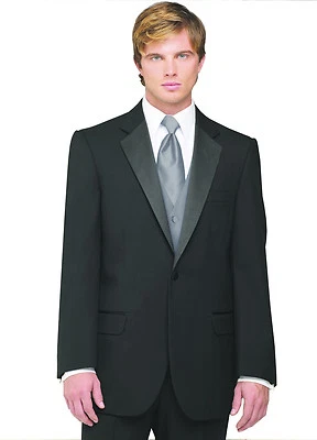 Sizes 34-50 Short 7-Piece Tuxedo Package w/Flat Front Pants, Silver Vest & Tie - Image 1 of 4