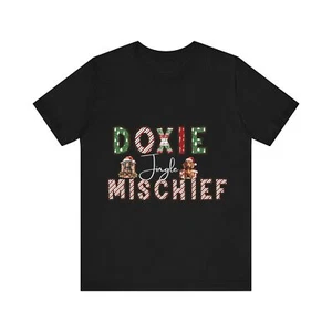  Doxie Jingle Mischief Christmas T-Shirt - Festive Dachshunds Funny Dog Tee - Picture 1 of 11