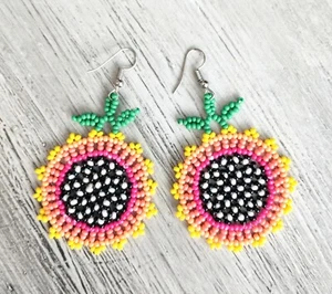 Samen Perlen Böhmische Mode Ohrringe Sonnenblume Arete Huichol gelb - Bild 1 von 4