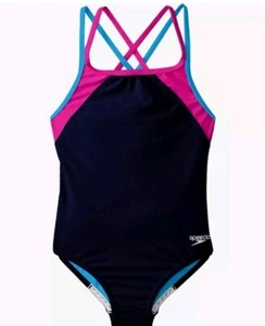 Speedo Cross Back Splice One Piece Swimsuit, Girls Size 16 Navy NEW MSRP $34 - Picture 1 of 4