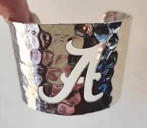  Alabama Crimson Tide Bracelet Cuff Hammered Silver Tone Metal Chunky Wide - Picture 1 of 11