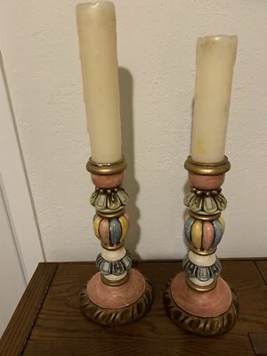 手工制作秘鲁木制柱状烛台大号13英寸高2件套无蜡烛 — 第 1/4 张图片