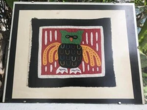 VINTAGE CUNA PANAMA MOLA Eule REVERSE APPLIKATION HANDGEFERTIGT 7" x 8" gerahmt - Bild 1 von 3