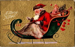 AK Weihnachtsmann reitet im Schlitten geteilter Rücken gestempelt 19 ?? - Bild 1 von 2