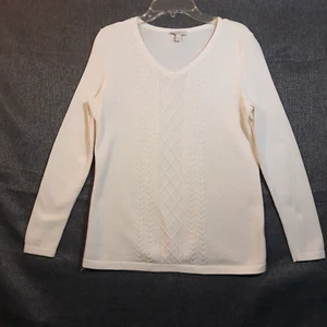 Talbots Petites Sweater Sz P Cream White Cotton Cable Knit V-Neck Pullover EUC - Picture 1 of 12