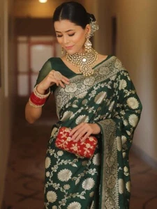 Bollywood Women Traditional Soft Lichi Silk Sari Indian Pakistani Ethnic Saree - Picture 1 of 4