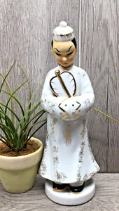 Lefton China Hand Painted Man Figurine White Gold Trim Vintage 9.5" w/Fan/Harp - Picture 1 of 9