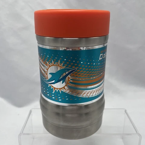 Miami Dolphins NFL 16oz Stainless Steel Vacuum Insulated Can Bottle Koozie NEW Cover