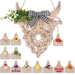 13 Pcs Cow Head Door Wreath Sign Welcome Cow Door Hanger Rustic Wooden Cow De... - Picture 1 of 6