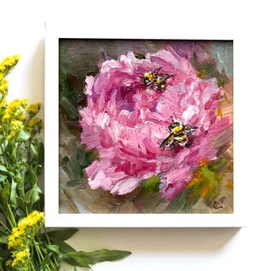 Original oil painting Pink Rose Honey Bee Floral art  small art 4x4inch - Picture 1 of 8