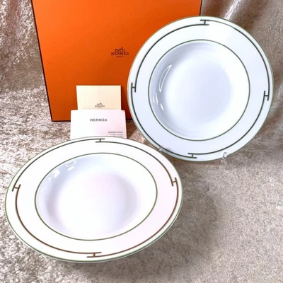 Hermes Paris Plato Sopa Profundo Ritmo Ritmo Verde Juego de 2 Porcelana con Estuche Foto 1 de 4