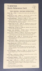 TI-99/4A TI Writer Quick Reference Card Texas Instruments 1982 - Picture 1 of 4