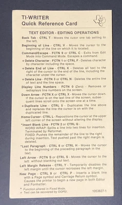 TI-99/4A TI Writer Quick Reference Card Texas Instruments 1982 - Image 1 of 4