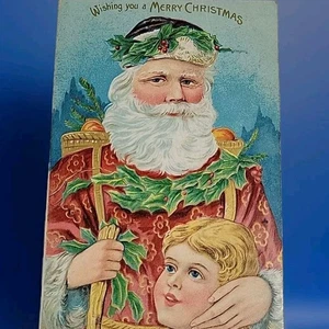 Merry Christmas Santa Claus Crown Of Holly Staff Child Gold Accents VTG Postcard - Picture 1 of 4