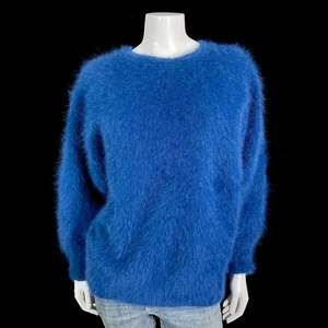 80% Angora Fuzzy Vintage Navy Blue Dolman Back-Button Pullover Sweater 42" bust - Picture 1 of 10