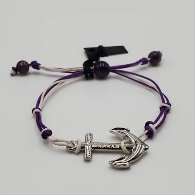 Pulsera Ajustable Nogucci 1 Pulgada Tono Plata Ancla Blanco Púrpura Cordón Cuentas Nueva con Etiquetas Foto 1 de 4