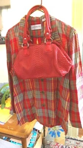 LIZ CLAIBORNE Size M orange plaid 100% rayon jacket tunic free leather bag Italy - Picture 1 of 11