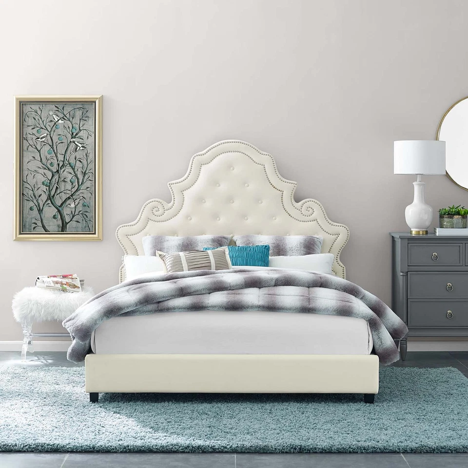 Modway Valentina Tufted Nailhead Velvet Queen Platform Bed in Ivory