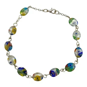 Silver Tone Millefiori Art Glass Flat Bead Anklet Bracelet 9" Long Multi-Color - Picture 1 of 5