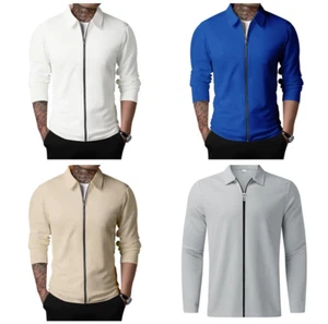 Men Full Zip-Up Jacket Long Sleeves Lightweight Coats Lapel Collared Casual Coat - Picture 1 of 35