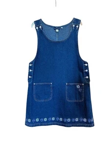 Vtg Eric Charles Denim Overall Dress L Blue Embroidery Jumper Cottage Y2K Pocket - Picture 1 of 10