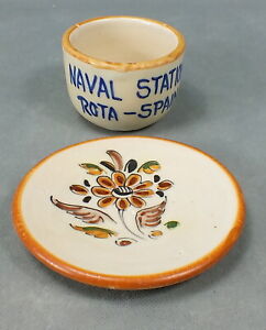 Vintage NAVAL STATION Hand Crafted ROTA SPAIN Pottery CUP & SAUCER Majolica PAIR