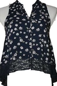 Abercrombie Kids Juniors Blue Top Pink Flowers Sleeveless Lace Trim High Low L - Picture 1 of 3