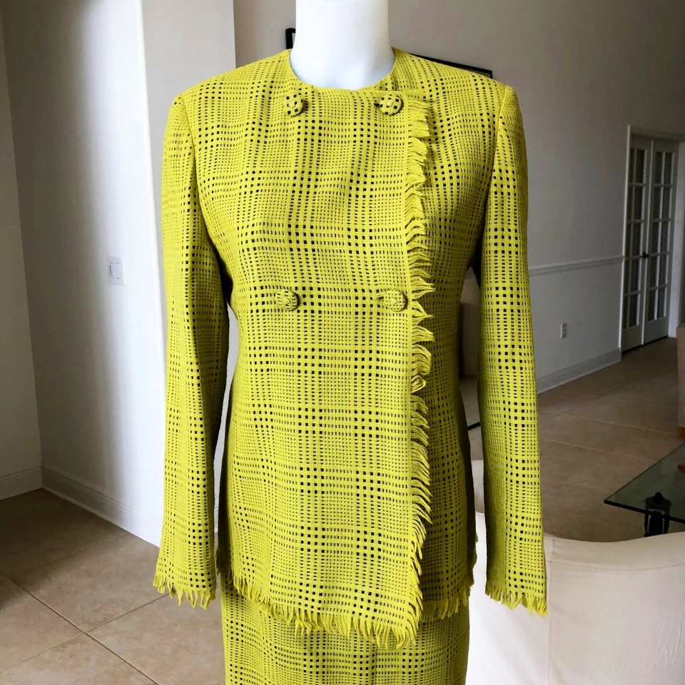 Gianni Versace 1998 verde lima cuadros lana deshilachada angora falda traje talla IT 40/42 Foto 1 de 4