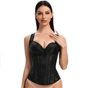 Women's Brocade Overbust Corset Gothic Lace Up Bustiers Tops with Shoulder Strap - Picture 1 of 13