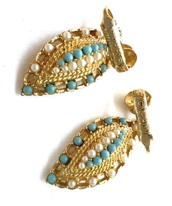 Vintage Sarah Coventry Clip Ohrhänger Kunstperlen & Türkisperlen Geschenkbox - Bild 1 von 4