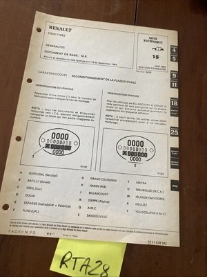 Renault Nota Tecnica Placca Ovale R4 R5 R18 Fuego Jeep Master Etc Edizione 1985 - Immagine 1 di 2