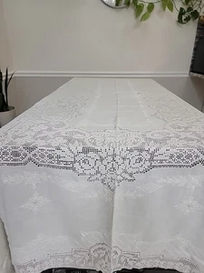 GROSSE Vintage hellweiße Leinen Tischdecke Lochung Bankett 64"x99" - Bild 1 von 8