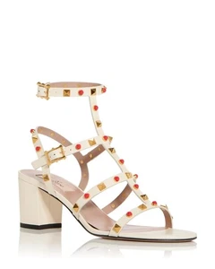 Valentino Rockstud Nieten Käfig T-Riemen Blockabsatz Leder Sandalen elfenbein $ 1230 - Bild 1 von 20