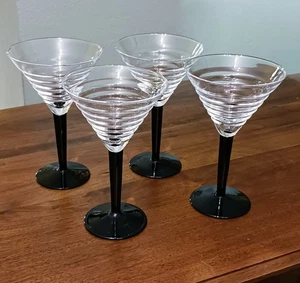 Vintage 1980s Luminarc Set of 4 Martini Glasses Black Stem Ribbed Top! - Picture 1 of 6