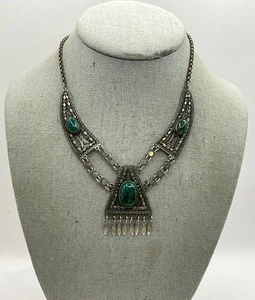 DD4 Vintage Ethnic Sterling Silver Filigree And Green Agate Necklace - Picture 1 of 5