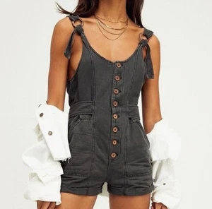 Free People Memphis Button-Front Shortall Romper Womens Large Black RRP $128 - Picture 1 of 8