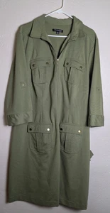 Sharagano Olive Green 3/4 Sleeve Dress 20W Safari Zip Front Fall Winter Stretch - Picture 1 of 4