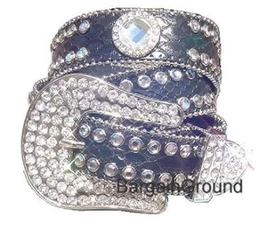 Neu Damen schwarz Strass Kristall Glitzer Kroko Druckknopf Schnalle Ledergürtel M SM - Bild 1 von 1