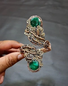Two Faceted Zambian Emerald Jewelry Wire Wrapped Bangle Adjustable Cuff Bangle - Picture 1 of 8