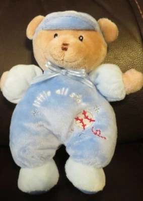 Carters Just One Year Teddy Bear Baby Boy Toy Plush Rattle 8” Blue Baseball - Image 1 of 2