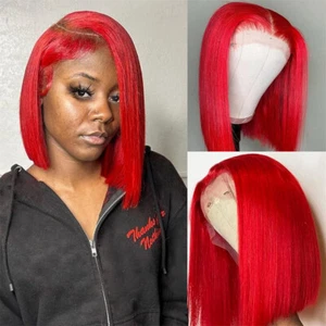 Red Bob Lace Front Wigs Red Straight Synthetic Hair Wig Party Cos Heat Soft - Picture 1 of 13