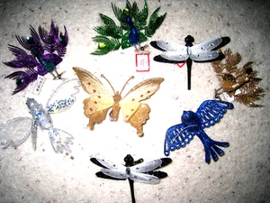 8 Glittered Jeweled Peacocks Butterflies Dragonflies Clip-On Ornament 7" REDUCED - Picture 1 of 11