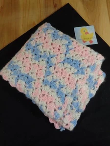 Baby Blanket Afghan 46" x 29" Handmade Crochet Blue Pink White - Picture 1 of 3